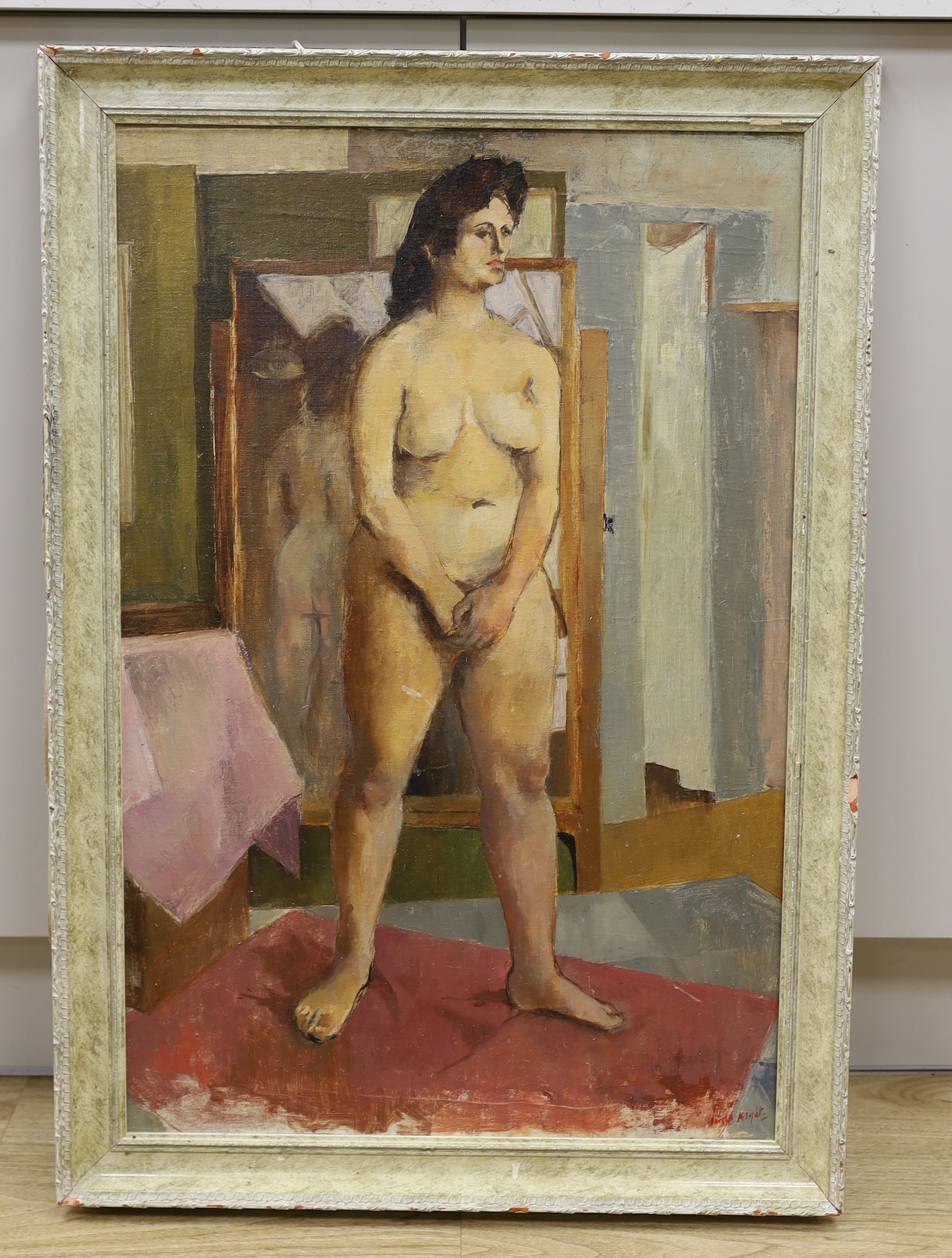 In the manner of Laura Knight (1877-1970), oil on board, Full length study of a nude woman, 75 x 49cm